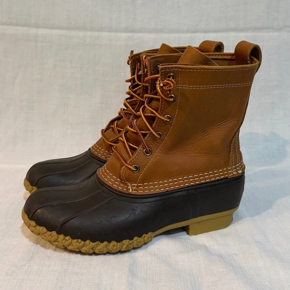 LL Bean Boots 8 Inch Duck Boots Brown Tan Leather Waterproof Mens 10 Made in USA